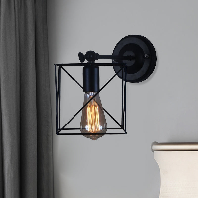 Frendorf | 1 Kopf Metall Wandbeleuchtung Antik Stil Schwarz Quadratisch Käfig Schirm Schlafzimmer Wandmontierte Lampe
