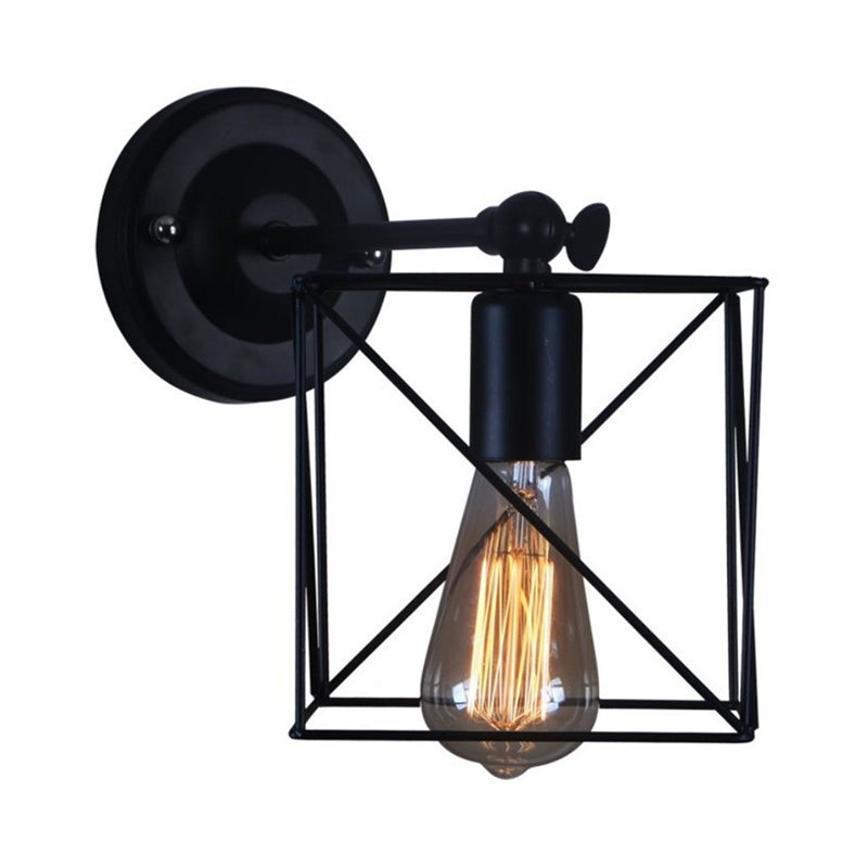 Frendorf | 1 Kopf Metall Wandbeleuchtung Antik Stil Schwarz Quadratisch Käfig Schirm Schlafzimmer Wandmontierte Lampe