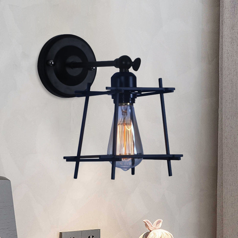 Frendorf | 1 Kopf Wandlicht Retro Stil Kubische Shade Metall Wand Sconce Lampe mit Drahtschutz in Schwarz für Schlafzimmer