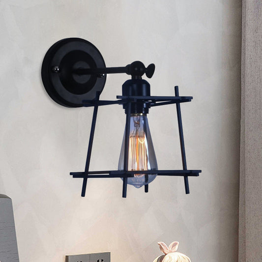 Frendorf | 1 Kopf Wandlicht Retro Stil Kubische Shade Metall Wand Sconce Lampe mit Drahtschutz in Schwarz für Schlafzimmer