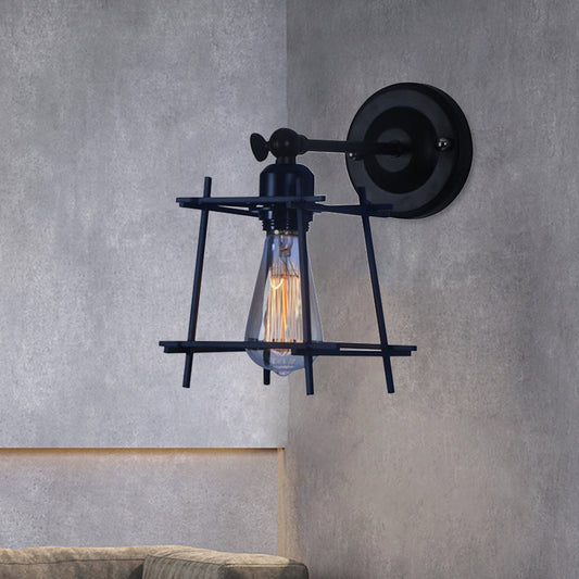 Frendorf | 1 Kopf Wandlicht Retro Stil Kubische Shade Metall Wand Sconce Lampe mit Drahtschutz in Schwarz für Schlafzimmer
