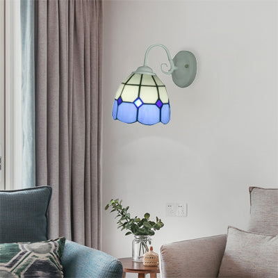 Frendorf | Tiffany Lattice Witte Koepel Wandlamp met Blauwe Rand 1 Licht Kunstglas Wandlamp voor Restaurant