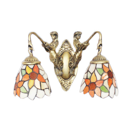 Frendorf | Gebrandschilderd Glazen Bloemen Wandlamp Fixture Victoriaans 2 Lichten Oranje Wandlamp met Zeemeermin Achterplaat