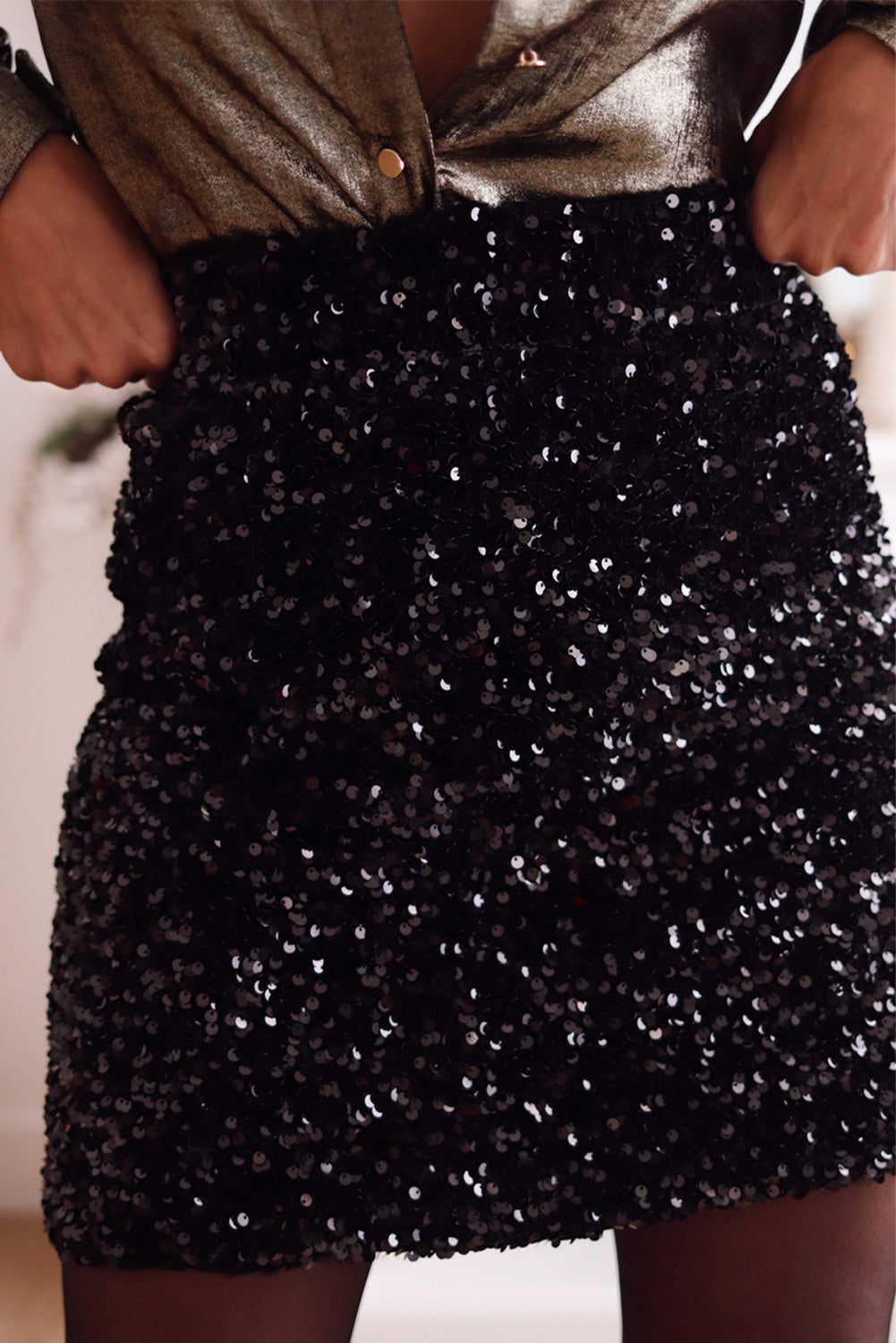 Frendorf | Schwarzer Party Pailletten Bodycon Minirock