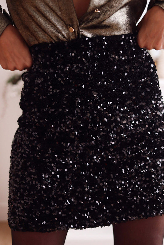 Frendorf | Schwarzer Party Pailletten Bodycon Minirock