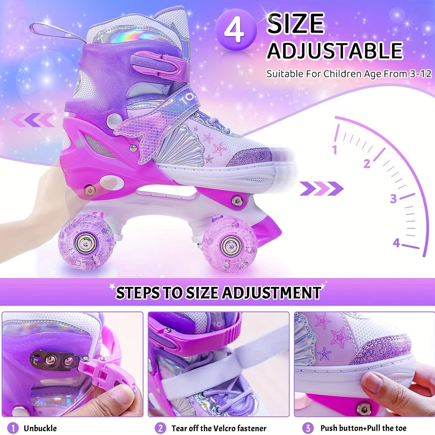 Frendorf | Verstellbare Rollschuhe für Kinder – Glitzernder Sternen Muster mit Licht Rädern