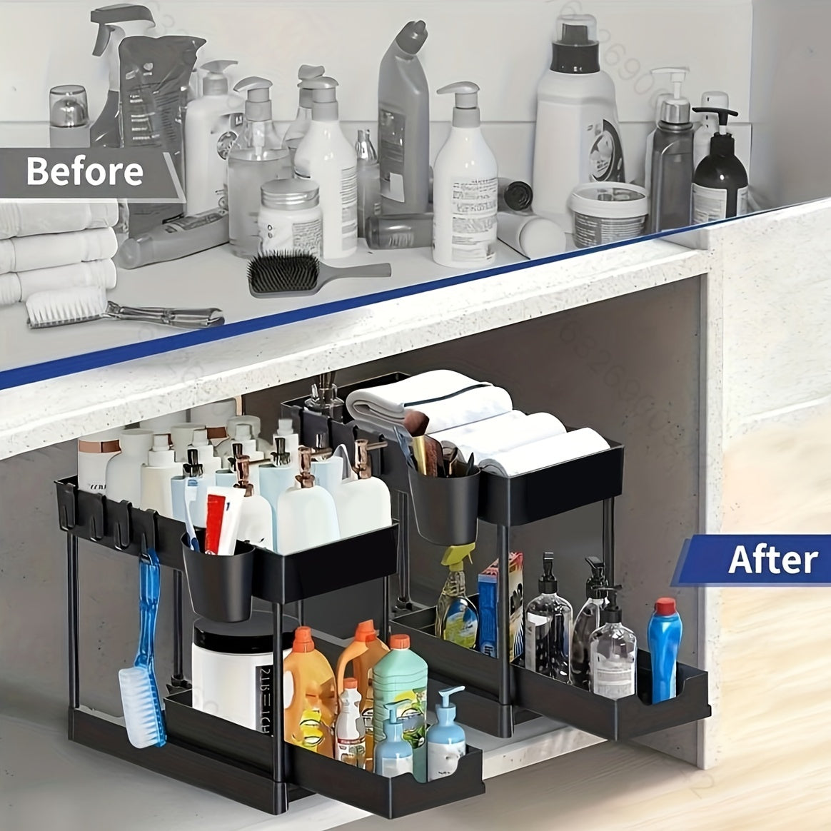 Frendorf | 2-Schicht-Organizer mit Haken und Becher - Smartes und stabiles Lagersystem für Unter dem Schrank oder auf der Arbeitsplatte