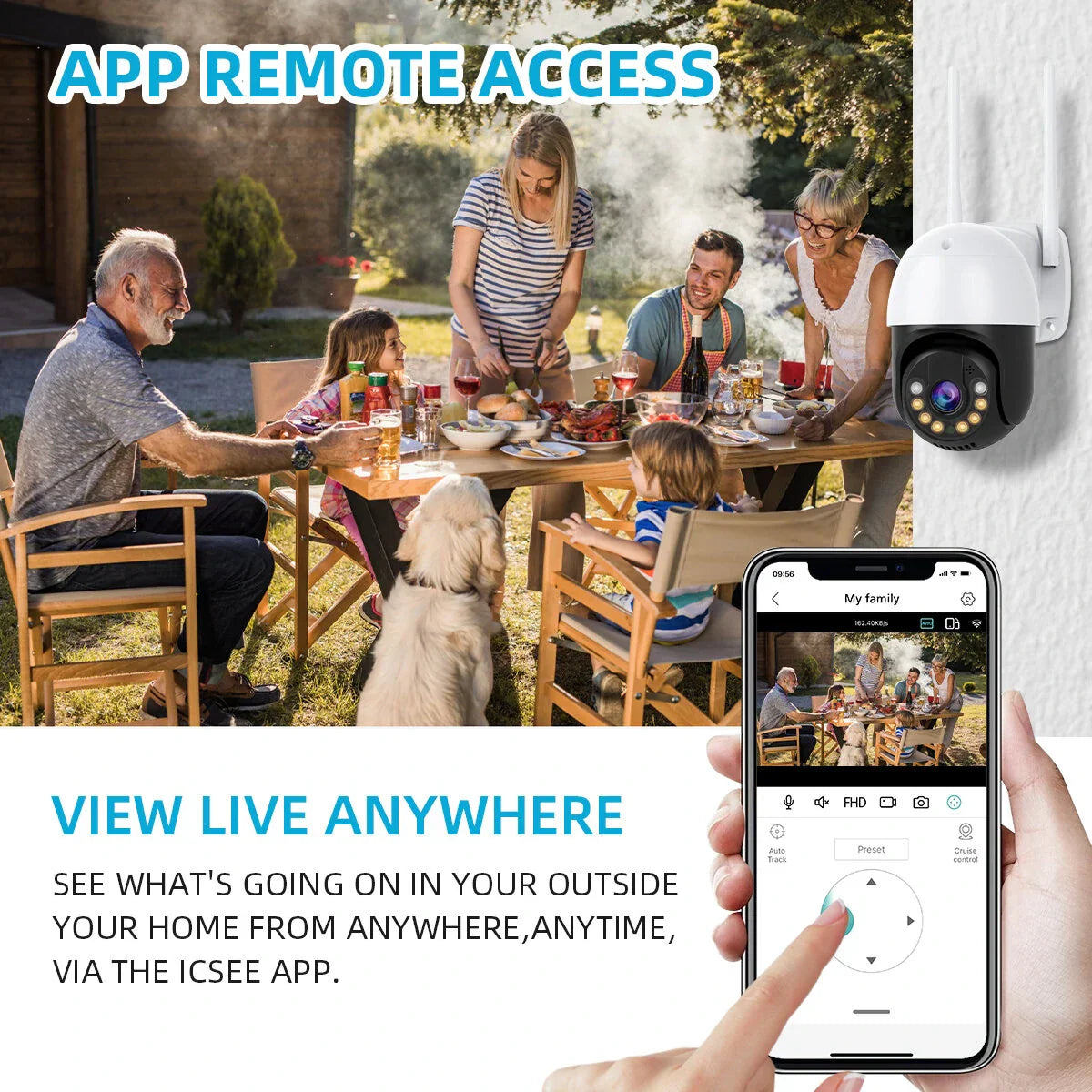 2MP WLAN PTZ Sicherheitskamera, AI Menschenerkennung, Nachtsicht, Zwei-Wege-Audio, IP66 wasserdicht, Fernbedienung