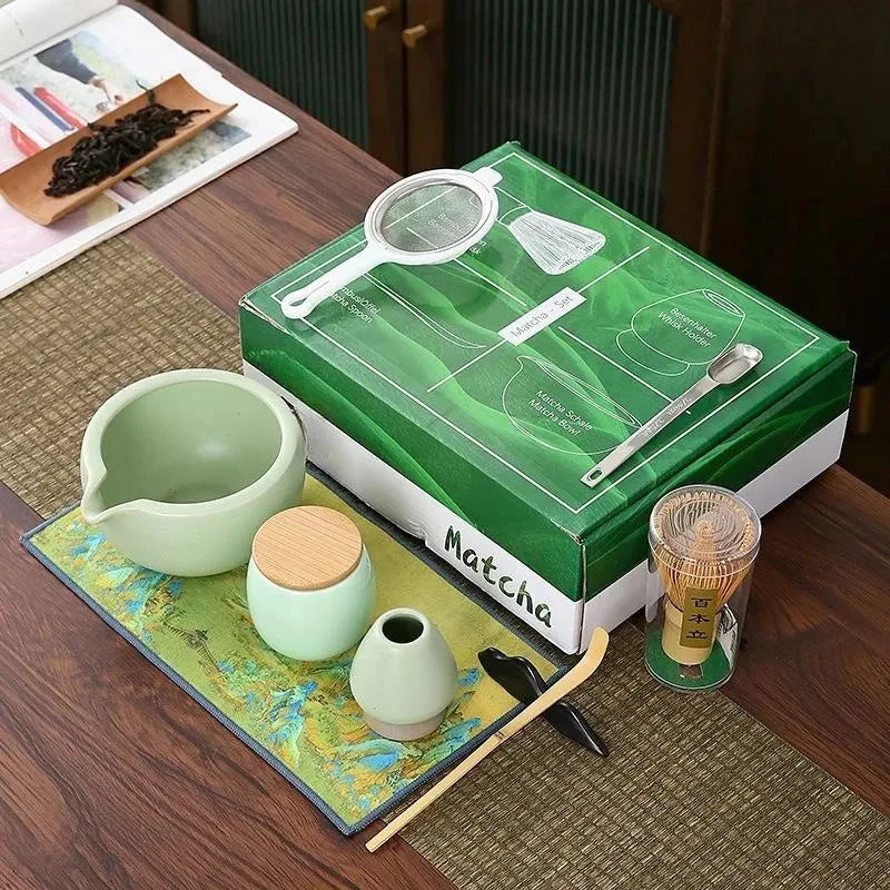 9 Stück/Set Japanische Keramik Matcha Geschenkschachtel Grüntee Chasen Halter Ständer Schüssel Bambusbesen Mühle Pinsel Tee Werkzeuge Halter Tee