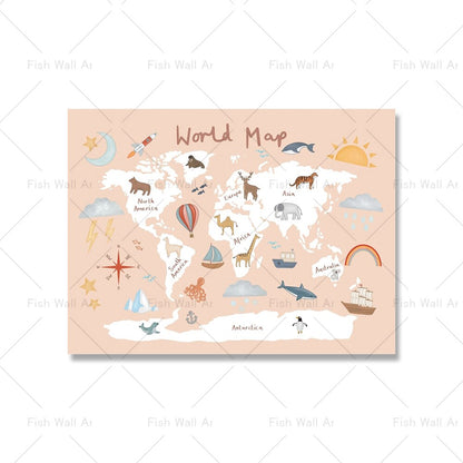 Nordic Lustige Rosa Weltkarte Leinwand Malerei Kindergarten Poster und Druck Cartoon Aquarell Wand Kunst Bilder für Kinder Schlafzimmer dekor