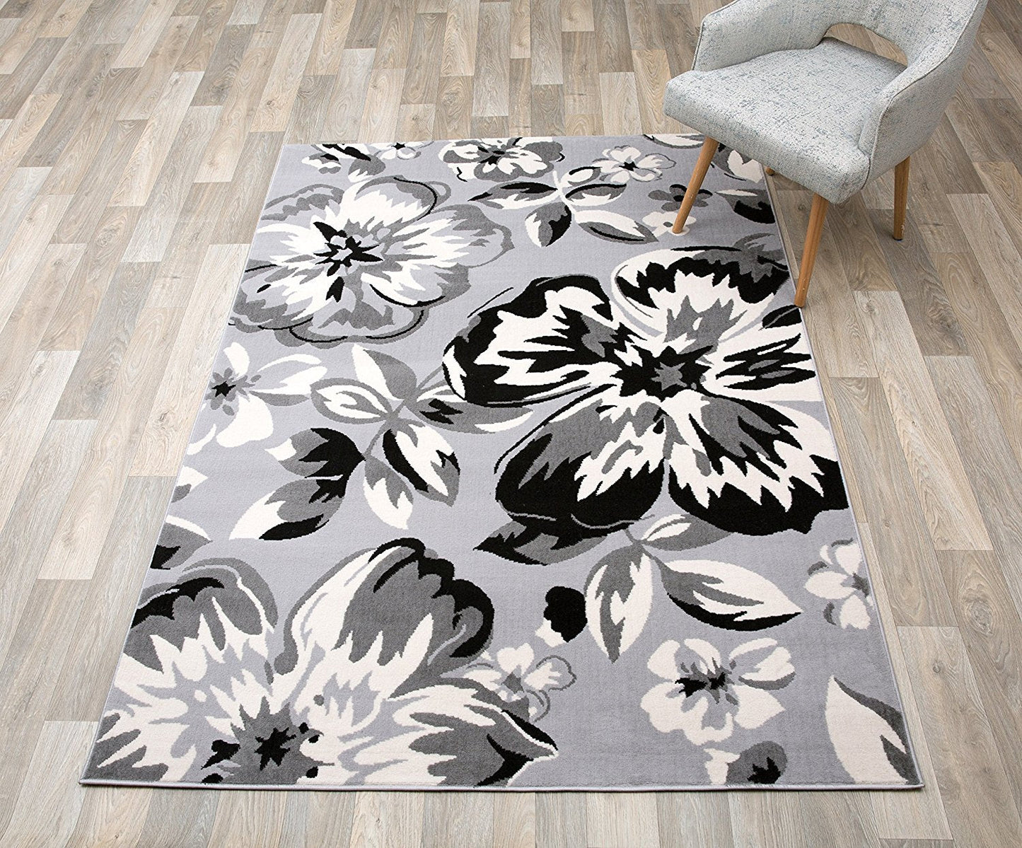 Frendorf | PetaloLoom Luxe Teppich | Grau, Schwarz & Weiß | Blumendesign | Pflegeleicht & Modern