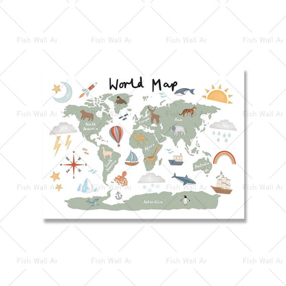 Nordic Lustige Rosa Weltkarte Leinwand Malerei Kindergarten Poster und Druck Cartoon Aquarell Wand Kunst Bilder für Kinder Schlafzimmer dekor