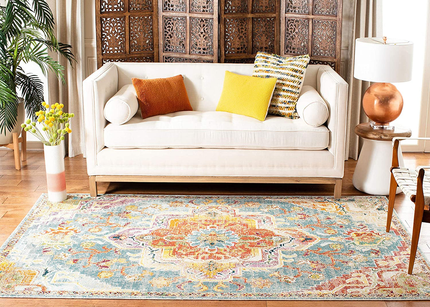 Boho Chic Oriental Medaillon Abgenutzter Teppich, Orange Teal