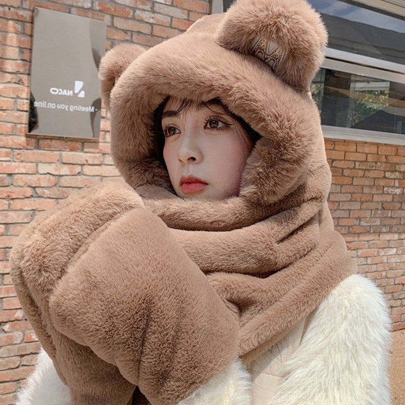 Frendorf | 3-in-1 Cure Plüsch Bärenohren Wintermütze mit Schal & Handschuhen