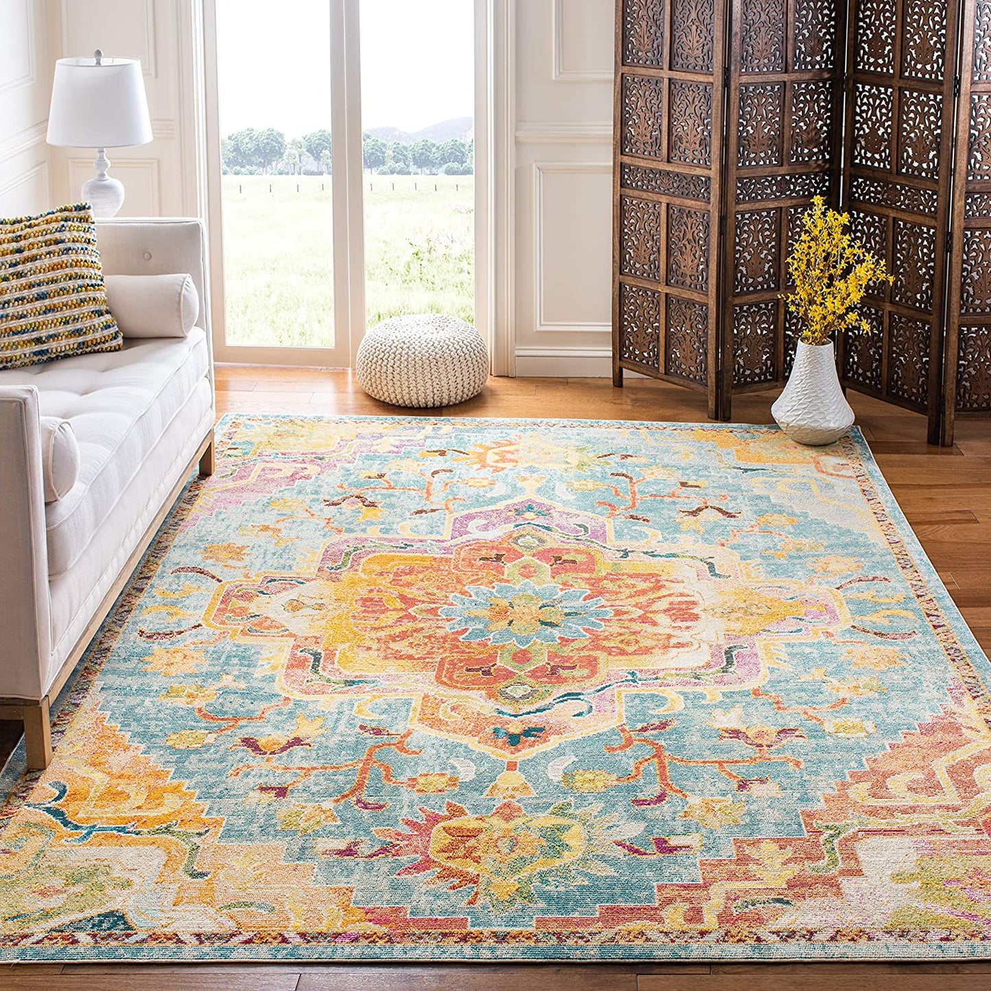 Boho Chic Oriental Medaillon Abgenutzter Teppich, Orange Teal