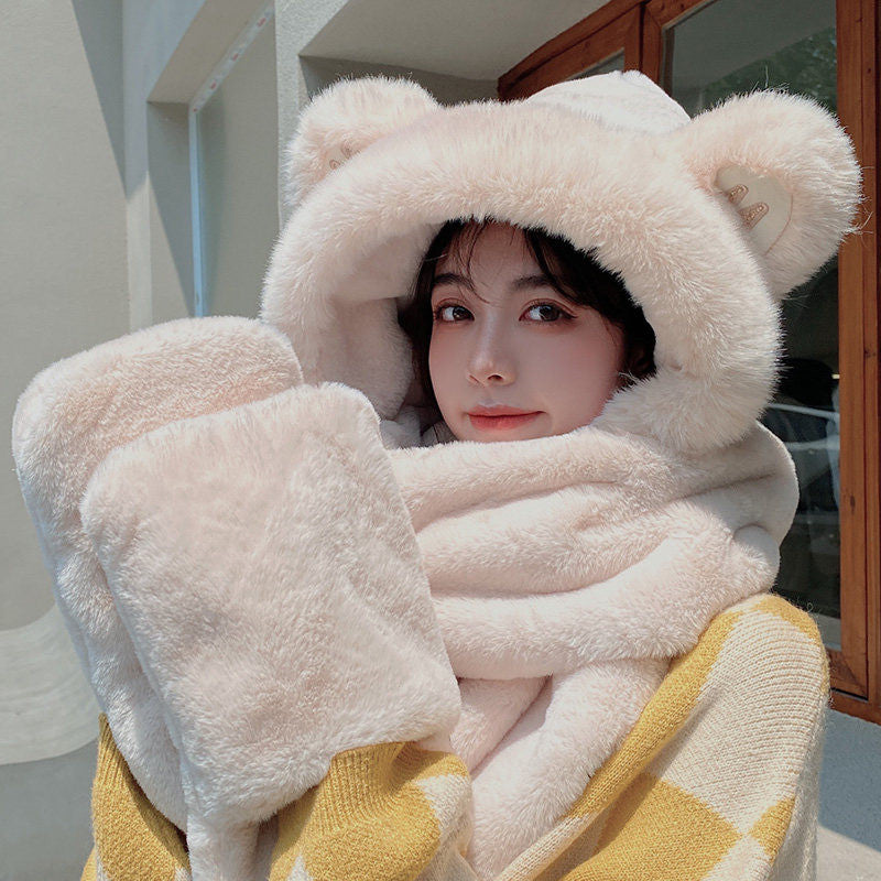 Frendorf | 3-in-1 Cure Plüsch Bärenohren Wintermütze mit Schal & Handschuhen