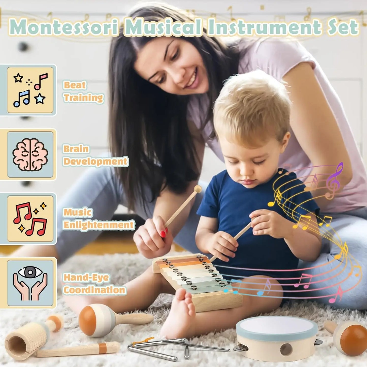Frendorf | Holz Montessori Musikinstrumenten Set für Kleinkinder - Professionell gestimmtes Xylophon, Maracas und mehr - Bildungs Geschenk für Vorschulkinder