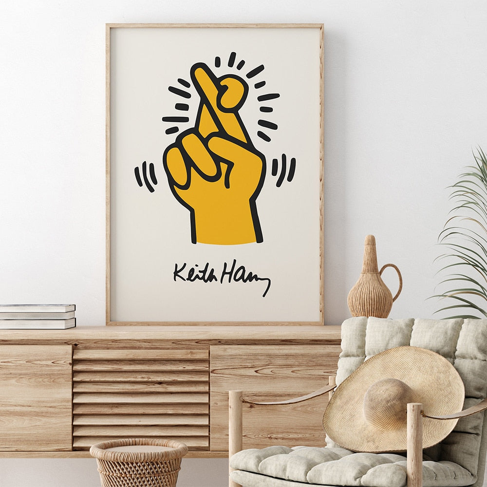 Keith Prints Gelb Farbiger Pop Art Druck Poster Finger Tanzende Blumen Leinwandmalerei Abstraktes Wandbild Für Schlafzimmer Dekor