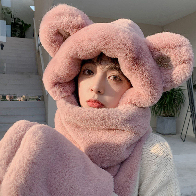 Frendorf | 3-in-1 Cure Plüsch Bärenohren Wintermütze mit Schal & Handschuhen