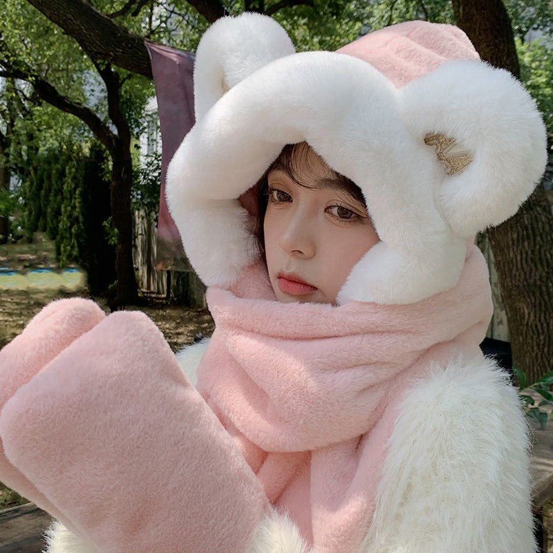 Frendorf | 3-in-1 Cure Plüsch Bärenohren Wintermütze mit Schal & Handschuhen