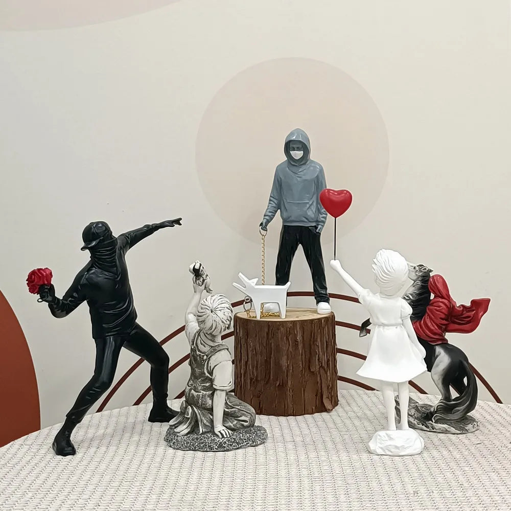 Frendorf | Artify Banksy Skulpturensammlung | Blume Werfer & Ballon Mädchen | Pop Art Figuren | Moderne Büro- & Heimdekoration