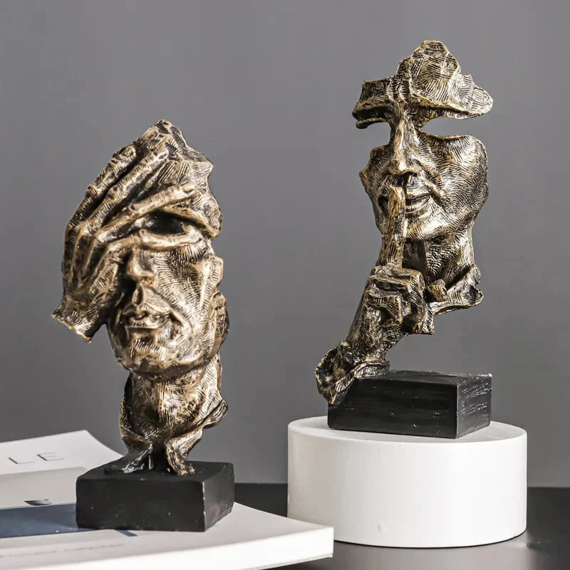 ARTLOVIN Vintage Denker Figurine Abstraktes Gesicht Kunstskulptur No Hören/Sprechen/Sehen Moderne Heimharz Dekorative Schreibtischdekorationen