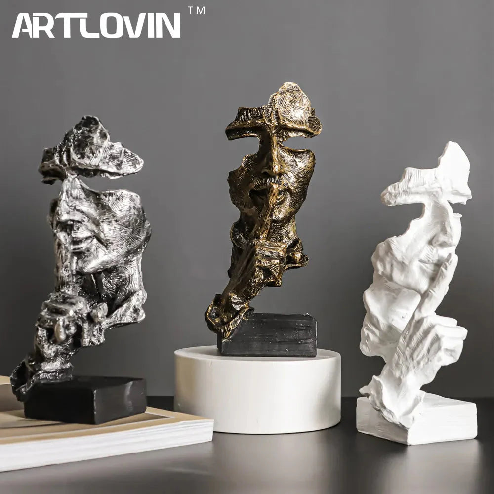 ARTLOVIN Vintage Denker Figurine Abstraktes Gesicht Kunstskulptur No Hören/Sprechen/Sehen Moderne Heimharz Dekorative Schreibtischdekorationen