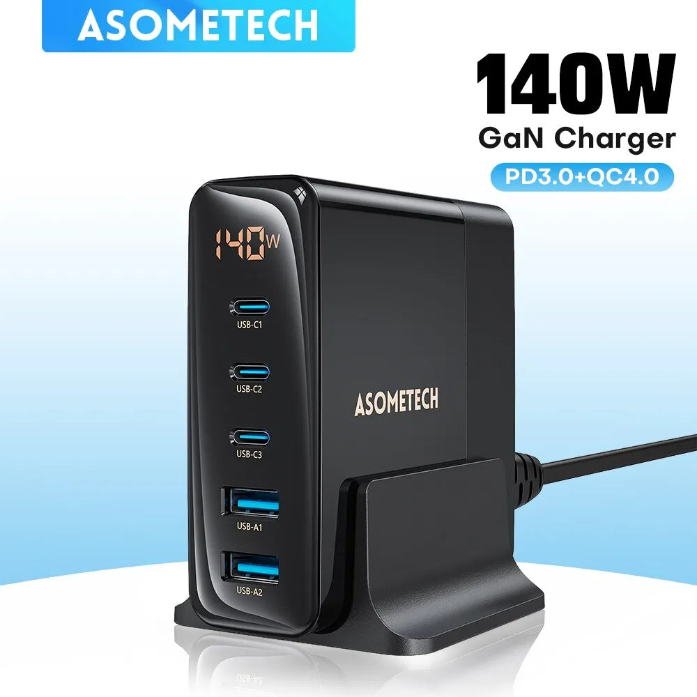 Frendorf | 140W GaN Schnellladegerät: Premium Desktop-Ladestation | 5 USB-Anschlüsse Charging Station Dockingstation ASOMETECH | Laptop, MacBook, iPhone, Samsung