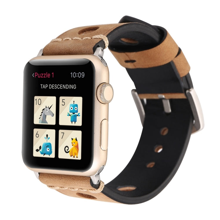 Frendorf | Für Apple Watch Series 10 42mm / 9&8&7 41mm / SE 3&SE 2&6&SE&5&4 40mm / 3&2&1 38mm Retro Loch Echtes Leder Armbanduhrband (Khaki)