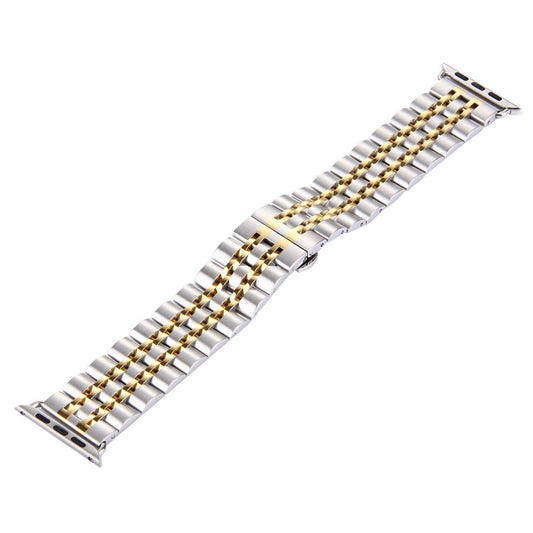 Frendorf | 22mm Herren Versteckte Schmetterlingsschnalle 7 Perlen Edelstahl Uhrenarmband für Apple Watch 38mm(Silber Gold)