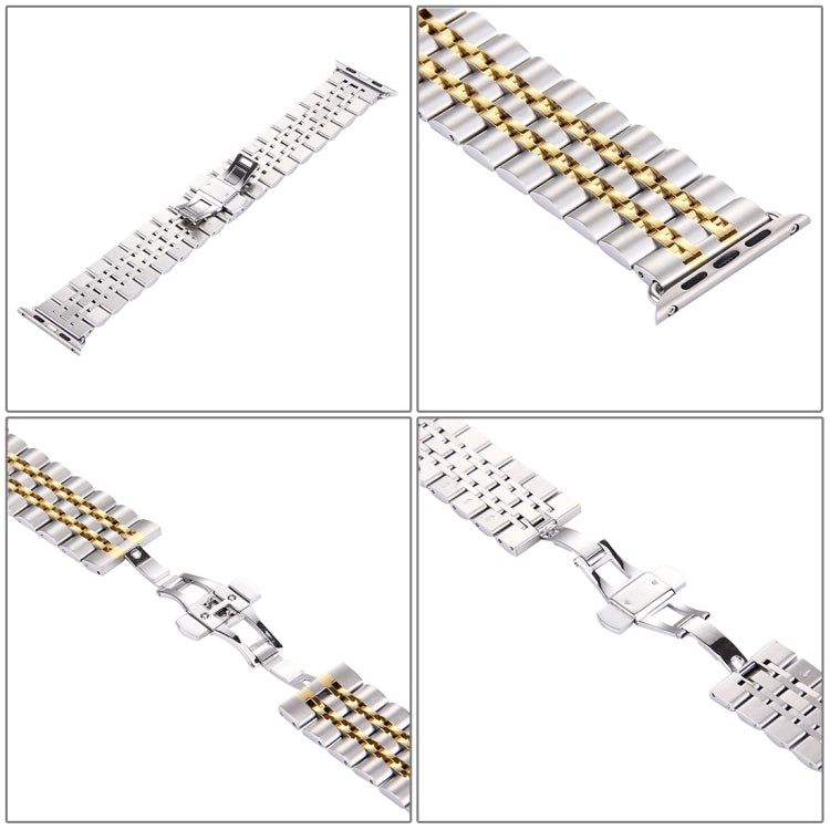 Frendorf | 22mm Herren Versteckte Schmetterlingsschnalle 7 Perlen Edelstahl Uhrenarmband für Apple Watch 38mm(Silber Gold)