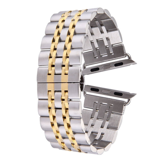 Frendorf | 22mm Herren Versteckte Schmetterlingsschnalle 7 Perlen Edelstahl Uhrenarmband für Apple Watch 38mm(Silber Gold)