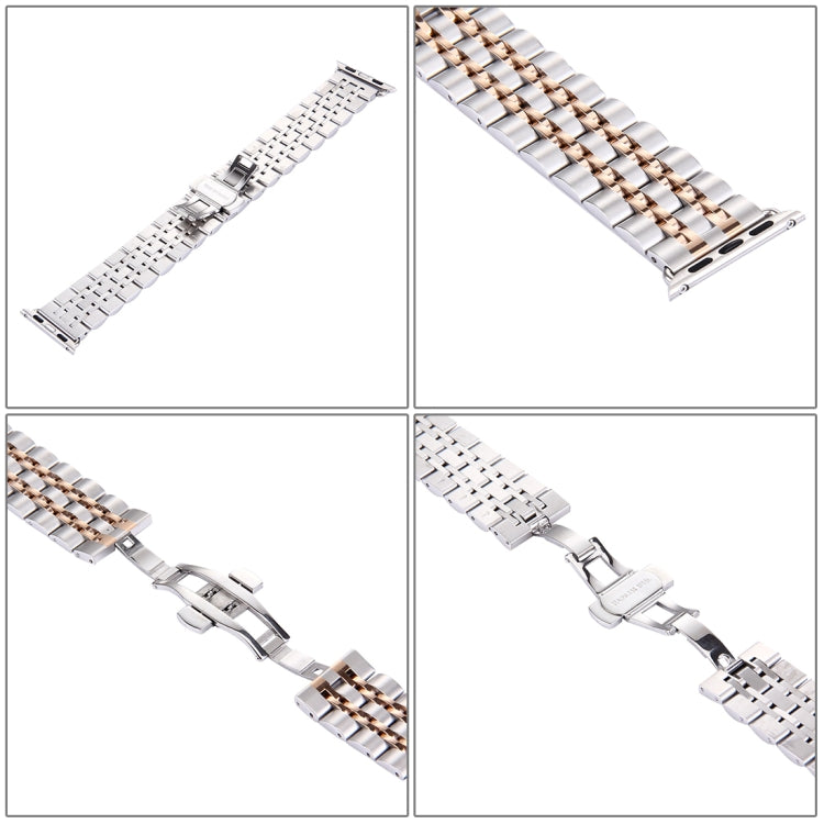 Frendorf | 22mm Herren Verdeckte Schmetterlingsschließe 7 Perlen Edelstahl Armband Für Apple Watch 38mm (Silber Roségold)