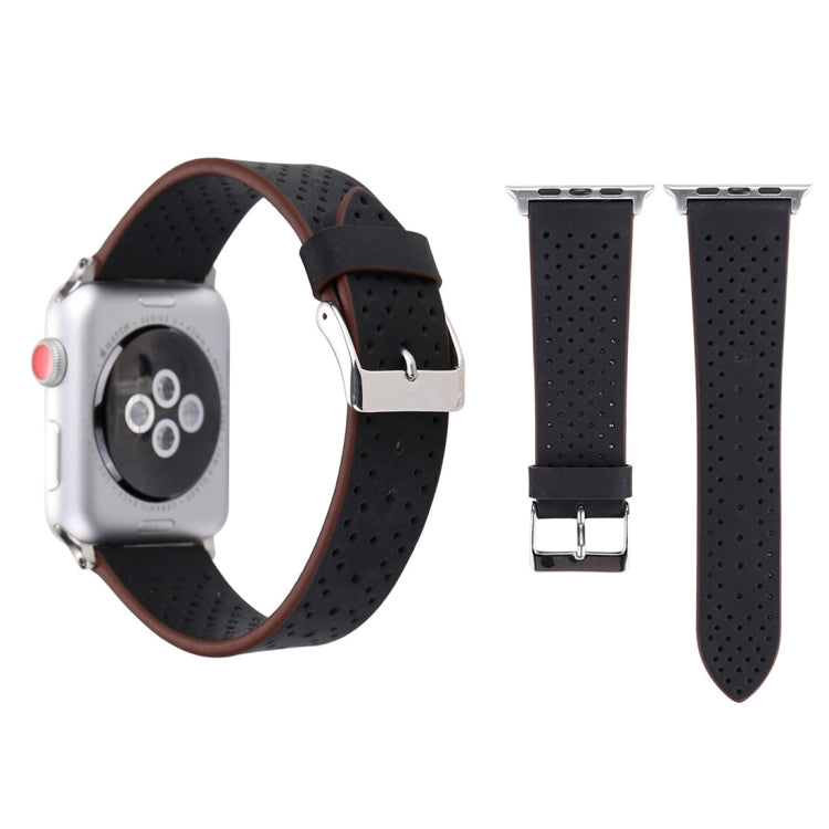 Frendorf | Für Apple Watch Series 10 42mm / 9&8&7 41mm / SE 3&SE 2&6&SE&5&4 40mm / 3&2&1 38mm Einfaches Fashion Echtes Leder Lochmuster Armband (Schwarz)