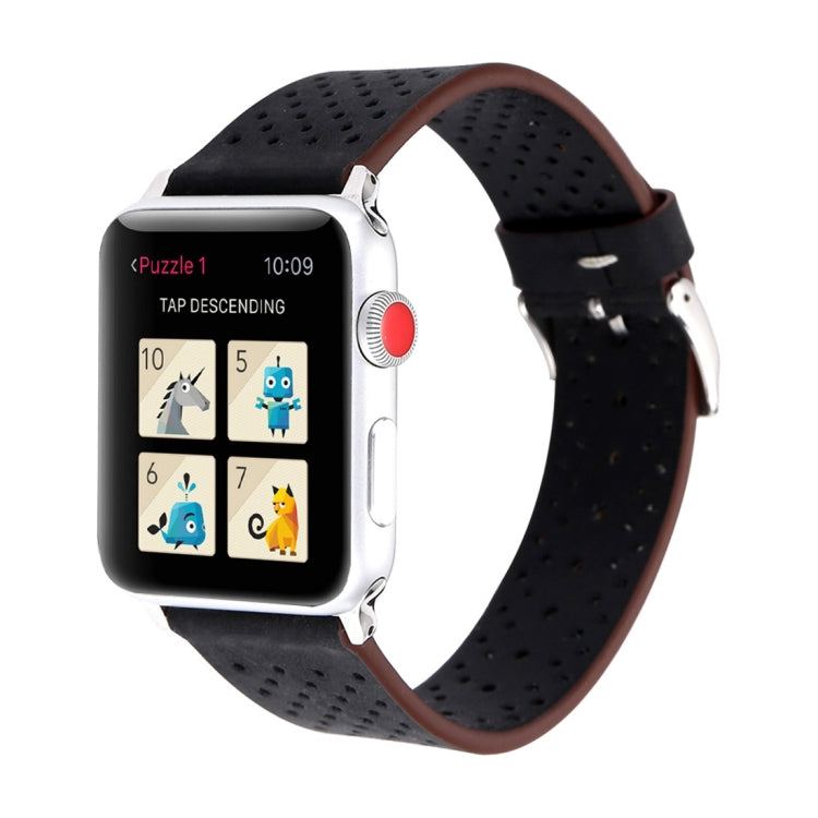 Frendorf | Für Apple Watch Series 10 42mm / 9&8&7 41mm / SE 3&SE 2&6&SE&5&4 40mm / 3&2&1 38mm Einfaches Fashion Echtes Leder Lochmuster Armband (Schwarz)