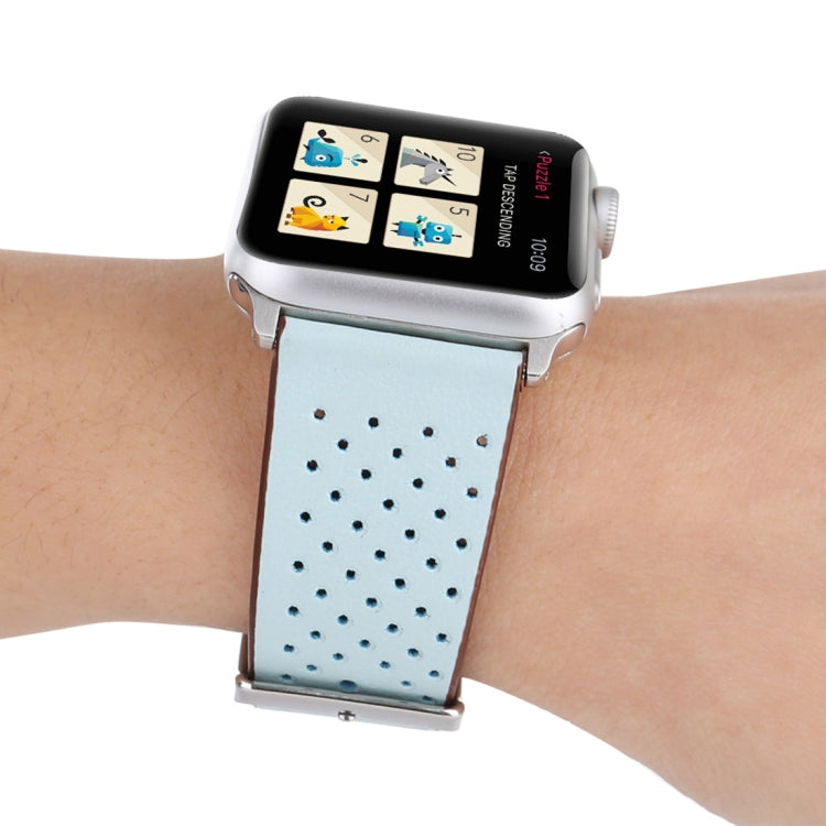 Frendorf | Für Apple Watch Series 10 42mm / 9&8&7 41mm / SE 3&SE 2&6&SE&5&4 40mm / 3&2&1 38mm Einfaches Mode Echtes Leder Lochmuster Uhrenarmband (Blau)
