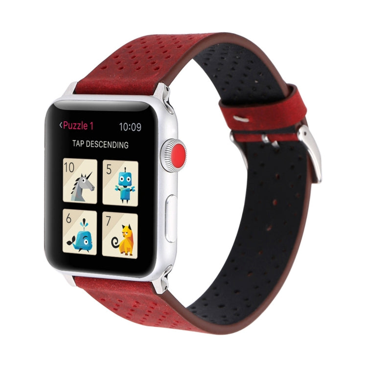 Frendorf | Für Apple Watch Series 10 42mm / 9&8&7 41mm / SE 3&SE 2&6&SE&5&4 40mm / 3&2&1 38mm Einfaches Mode Echtes Leder Lochmuster Uhrband (Rot)