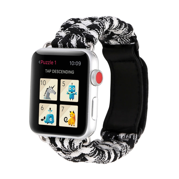 Frerndorf | Magic Paste Echtes Leder Regenschirm Seil Nylon Armbanduhr Band mit und Edelstahl Schnalle für Apple Watch Series 10 42mm / 9&8&7 41mm / SE 3&SE 2&6&SE&5&4 40mm / 3&2&1 38mm (Schwarz Weiß)