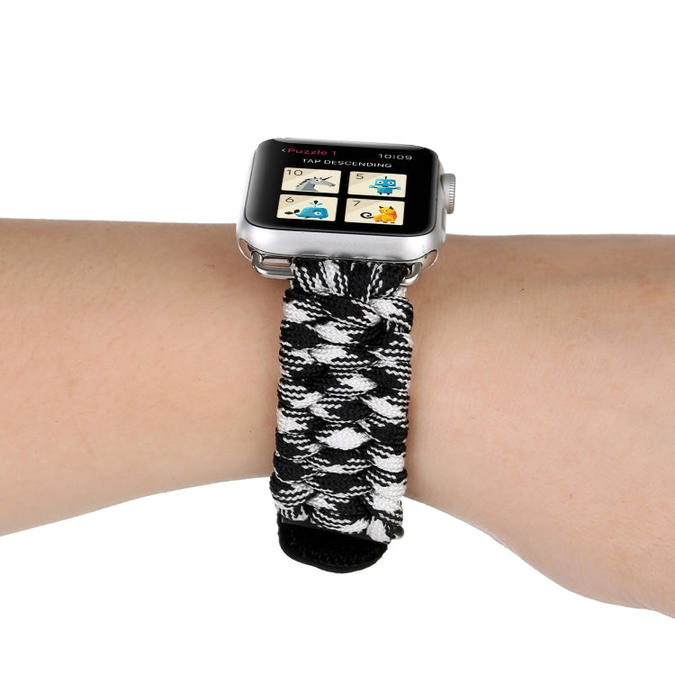 Frerndorf | Magic Paste Echtes Leder Regenschirm Seil Nylon Armbanduhr Band mit und Edelstahl Schnalle für Apple Watch Series 10 42mm / 9&8&7 41mm / SE 3&SE 2&6&SE&5&4 40mm / 3&2&1 38mm (Schwarz Weiß)