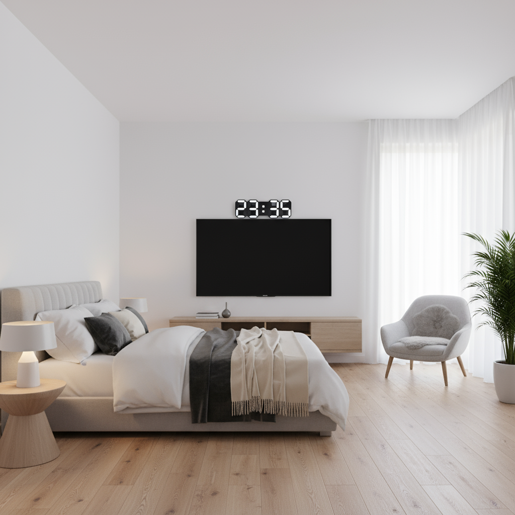 Frendorf | Moderne 3D-LED Wanduhr Schwarz | Digitale Küchenuhr Hingucker