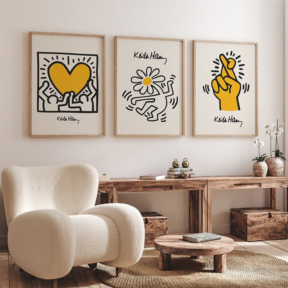 Keith Prints Gelb Farbiger Pop Art Druck Poster Finger Tanzende Blumen Leinwandmalerei Abstraktes Wandbild Für Schlafzimmer Dekor