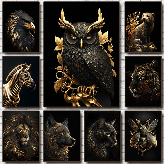 Abstrakt Schwarz Gold Tier Leinwandmalerei Eule Tiger Löwe Wolf Adler Zebra Stier Poster Wandkunst Bilder für Raum Wohnkultur