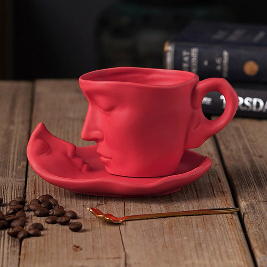 Abstrakte Stereo Gesicht Porzellan Kaffeetasse Vintage Keramikbecher mit Unterteller Löffel Nordische Kunst Gesicht Kaffeetasse Teetasse Geschenk Dekor Neu