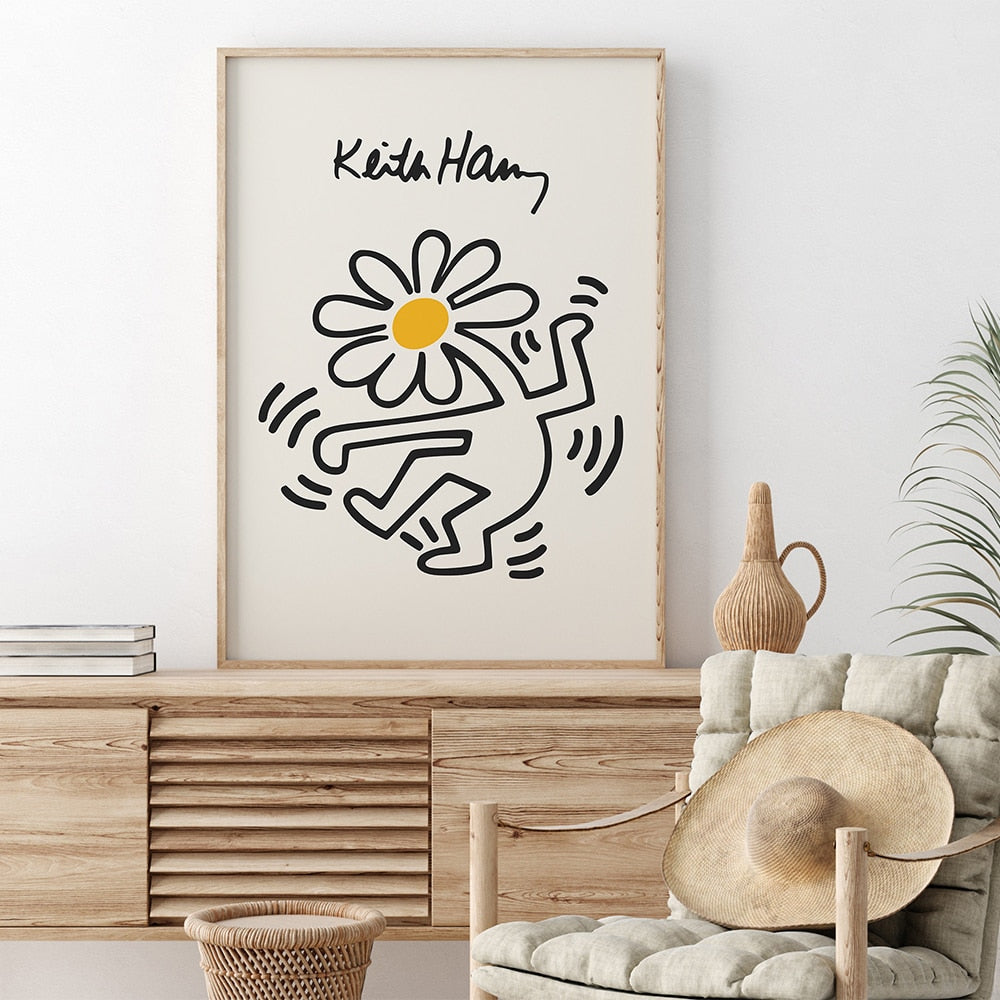 Keith Prints Gelb Farbiger Pop Art Druck Poster Finger Tanzende Blumen Leinwandmalerei Abstraktes Wandbild Für Schlafzimmer Dekor
