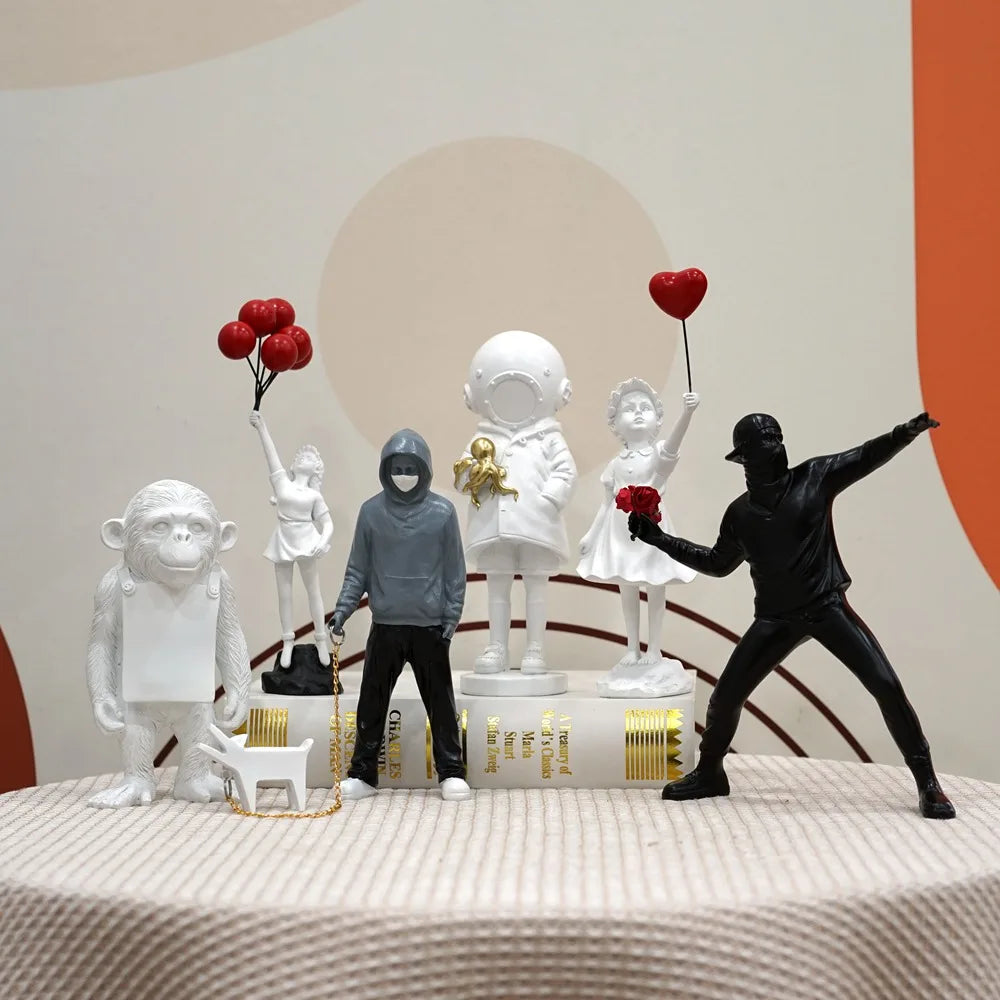 Frendorf | Artify Banksy Skulpturensammlung | Blume Werfer & Ballon Mädchen | Pop Art Figuren | Moderne Büro- & Heimdekoration