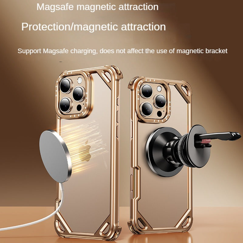 Frendorf | Aviation Aluminium Metall Rahmenlos Magsafe Handyhülle mit unsichtbarem Luftpolster in allen vier Ecken für iPhone