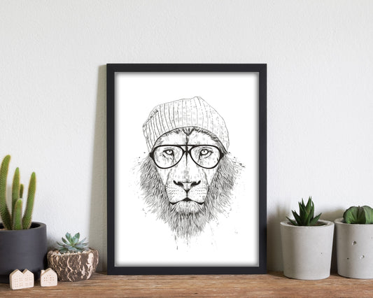 Cooler Hipster Löwe B&W Tier Kunstdruck