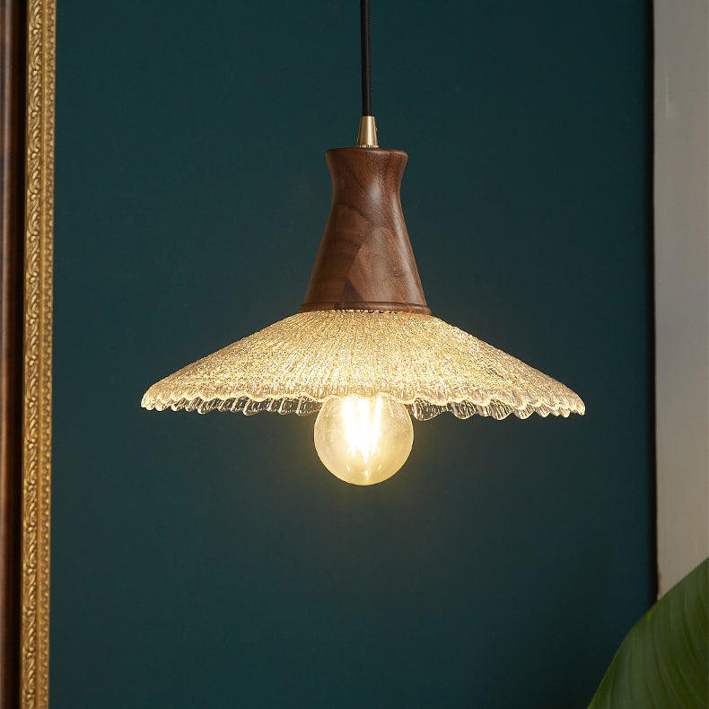 Traditioneller japanischer Kegelhut Messing Walnuss Glas 1 - Licht Pendelleuchte für Esszimmer