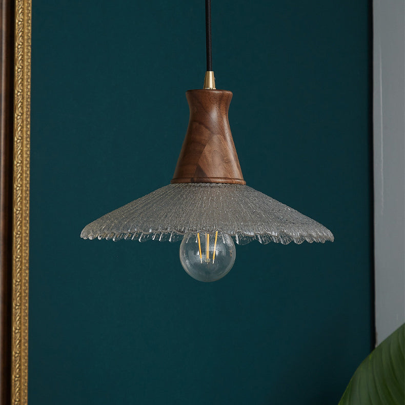 Traditioneller japanischer Kegelhut Messing Walnuss Glas 1 - Licht Pendelleuchte für Esszimmer