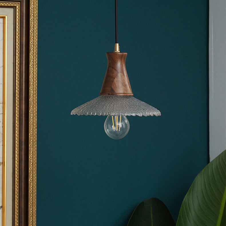 Traditioneller japanischer Kegelhut Messing Walnuss Glas 1 - Licht Pendelleuchte für Esszimmer
